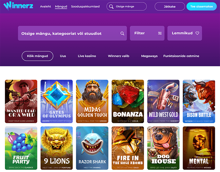 Winnerz Casino veebileht ja mängude valik