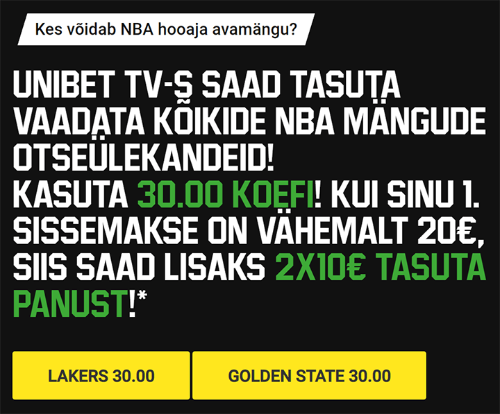 Panusta Unibetis NBA 2022 hooaja avamängule superkoefitsiendiga 30.00 ja saad lisaks 2 x €10 tasuta panust