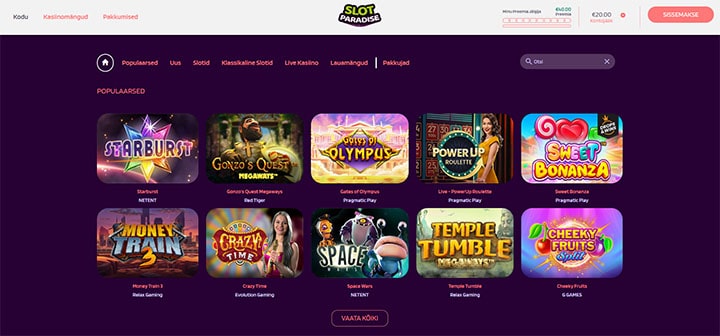 Slotparadise Casino mängude valik