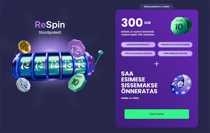 ReSpin kasiino stardipakett - võta boonusena kuni €300 pärisraha